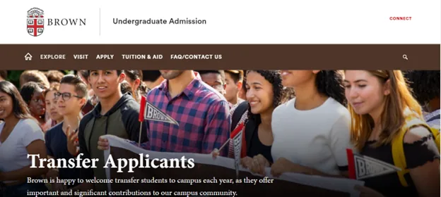 Brown University undergraduate admission page for transfer applicants