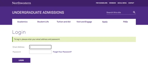 Northwestern application portal login screen asking for an email address and password