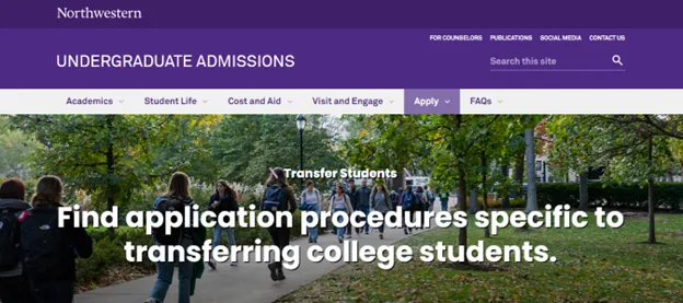 Northwestern transfer students page inviting college students to apply